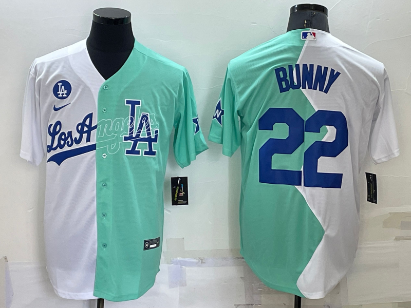 Men's Los Angeles Dodgers #22 Bad Bunny 2022 All-Star White/Green Cool Base Stitched Baseball Jersey Men's Los Angeles Dodgers #22 Bad Bunny 2022 All-Star White/Green Cool Base Stitched Baseball Jersey